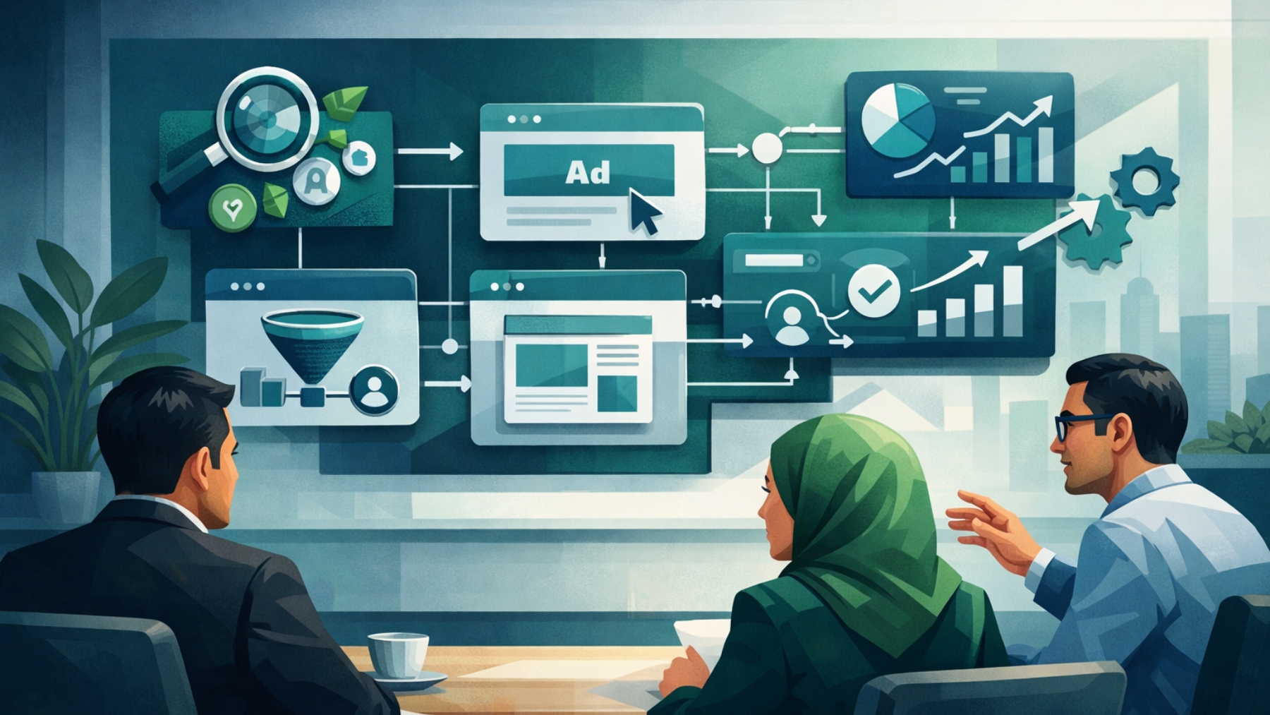Business team evaluating a search engine marketing service system with keyword targeting, landing page alignment, conversion tracking, and analytics